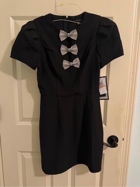 Puff sleeve Black Mini Dress with Rhinestone Bow Accents
